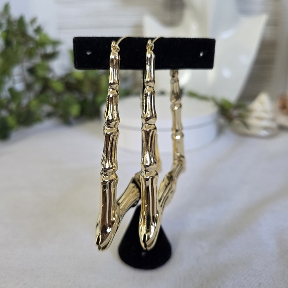 Gold Filled Large Statement Doorknocker Bamboo Hoop Earrings - Picture 6 of 9